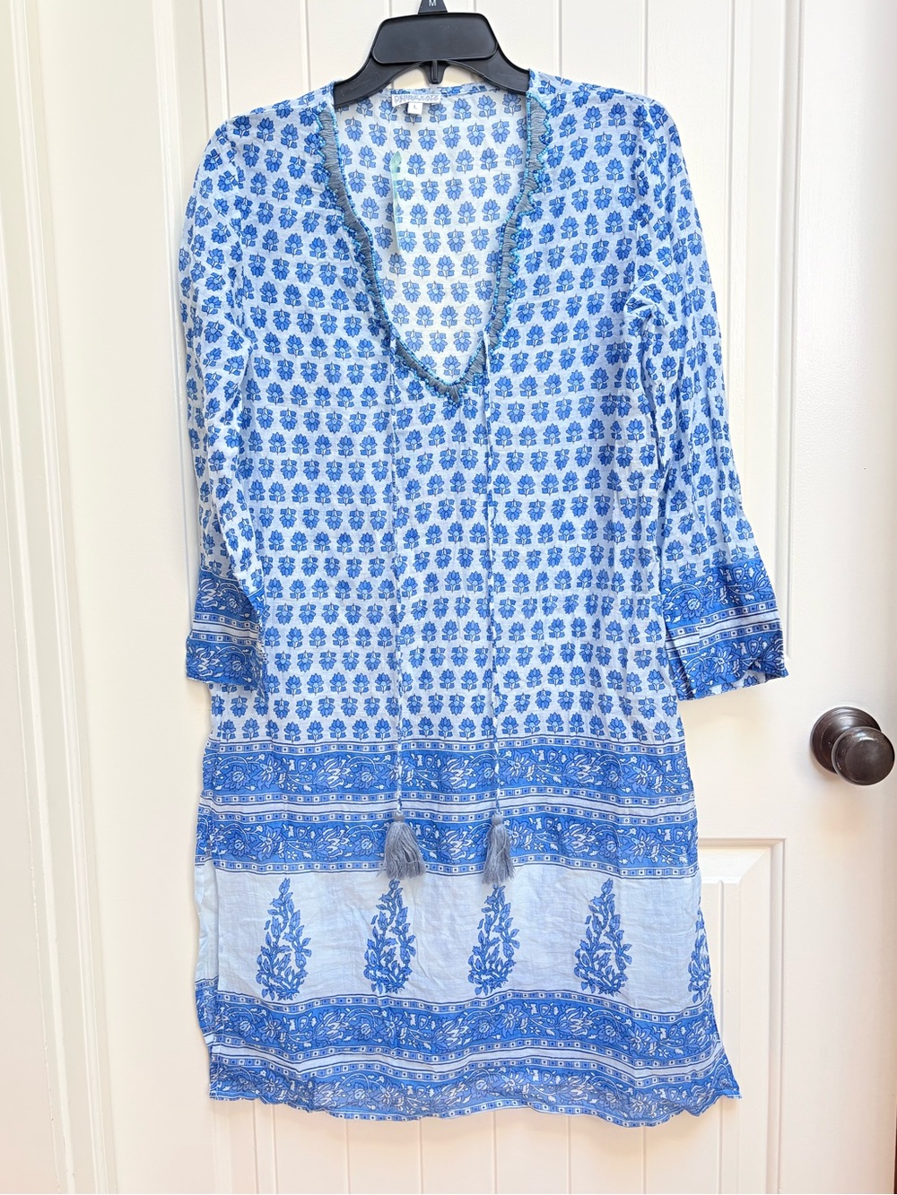 NWT Debbie Katz Swim Cover Kaftan in Blue Blockprint, Size Large